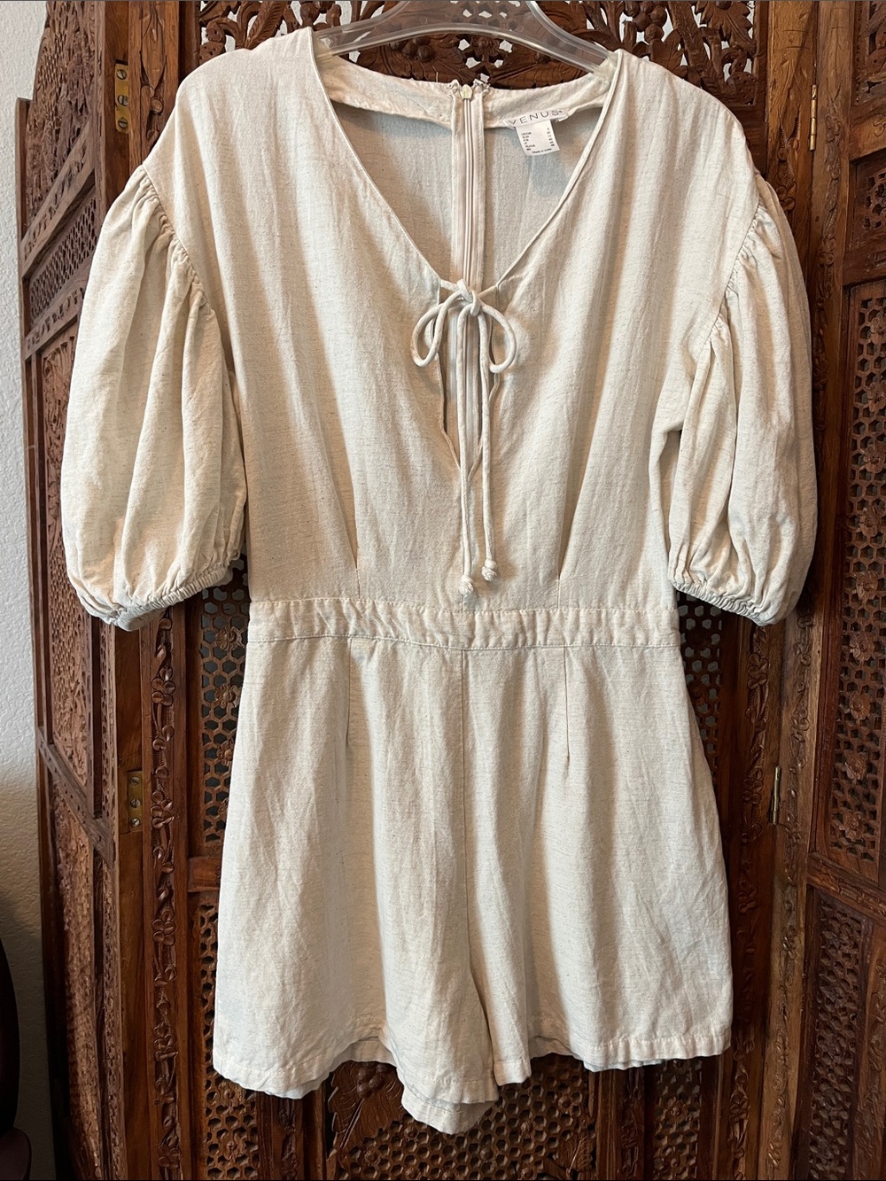 VENUS Cream Tie-Front Romper with Puff Sleeves